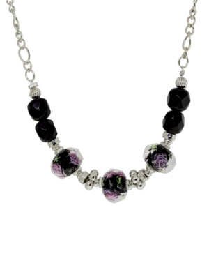 image of 2028 Silver-Tone Black Floral Beaded Necklace