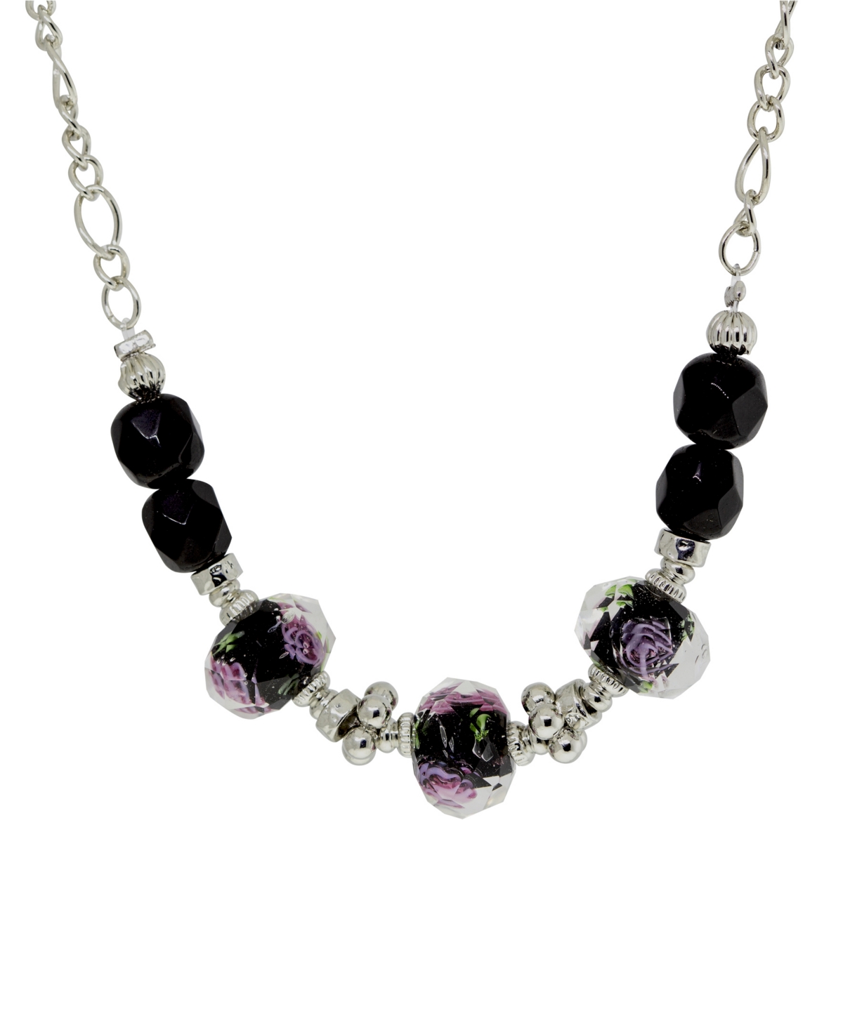 2028 Silver-tone Black Floral Beaded Necklace