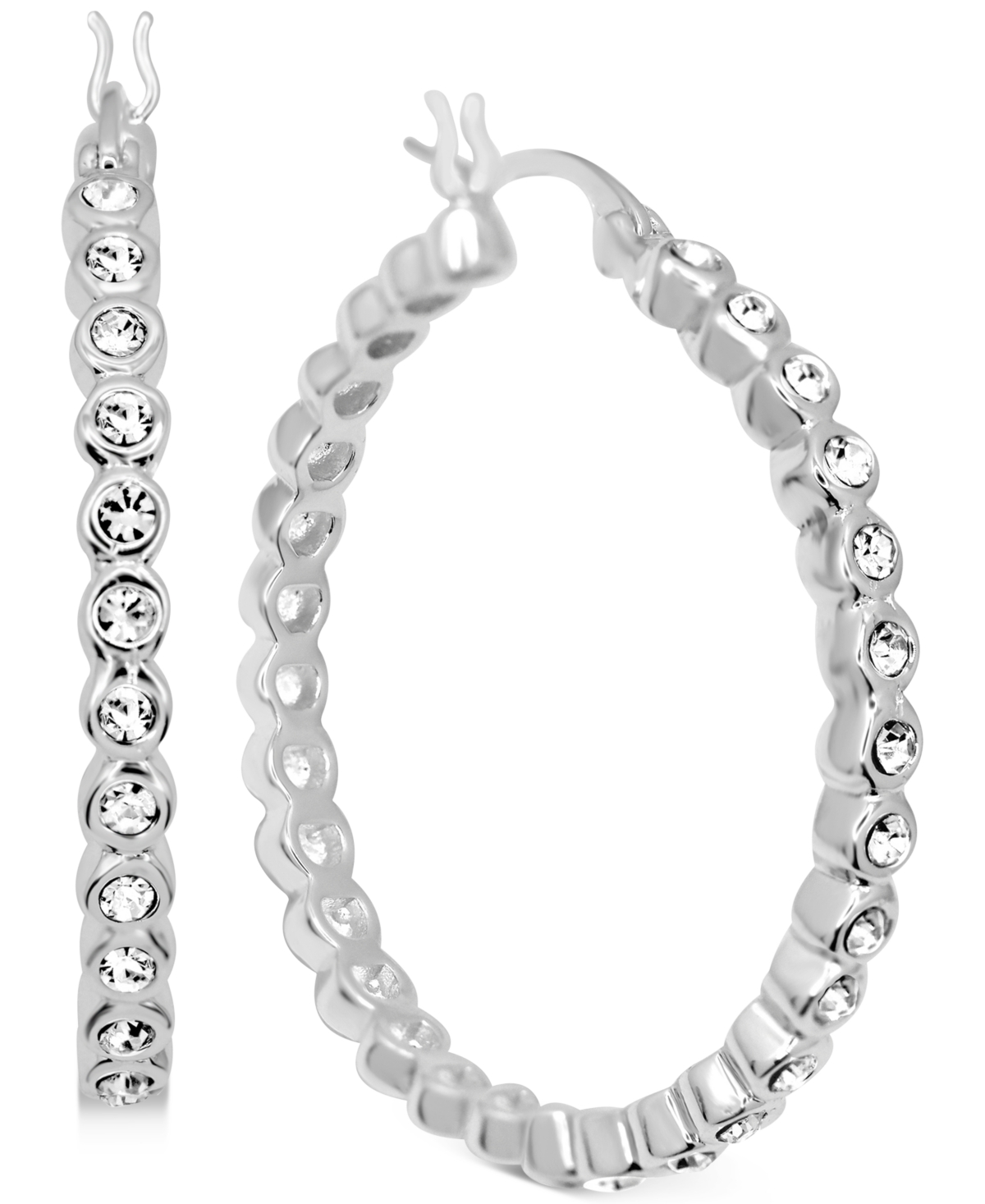 Crystal Bezel Medium Hoop Earrings in Silver-Plate, 1.37" - Silver
