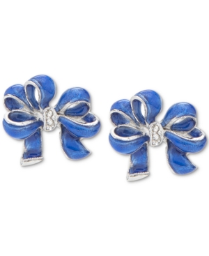 image of Holiday Lane Silver-Tone Pave Blue Bow Stud Earrings, Created for Macy-s