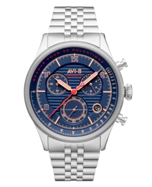 Avi-8 Men's Flyboy Silver-Tone Solid Stainless Steel Bracelet Watch, 42mm