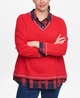 Tommy Hilfiger - Plus Size Layered-Look Plaid-Collared Sweater