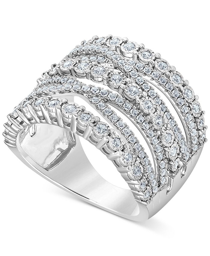 Diamond Multi-Row Crossover Statement Ring (1 ct. t.w.) in Sterling Silver  or 14k Gold Over Sterling Silver