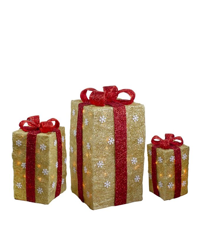 Northlight Lighted Tall Gold Tone Sisal Gi Boxes with Red Bows ...