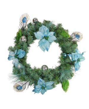 Northlight Peacock Poinsettia Artificial Christmas Wreath-unlit In Blue