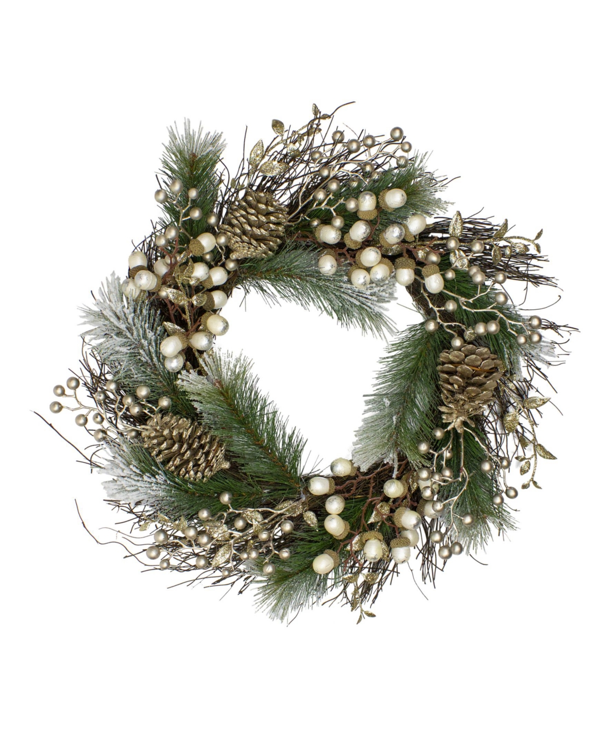 Unlit Acorn and Pine Cone Flocked Pine Needle Artificial Christmas Wreath - Green