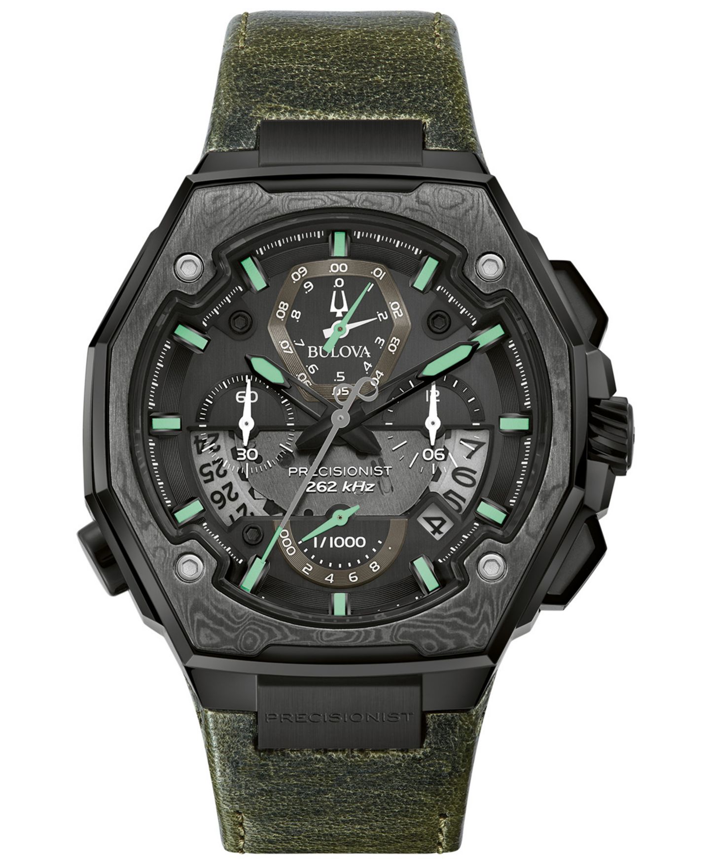 Мужские часы Bulova Precisionist Chronograph Green Leather Strap Watch 44.7x46.8mm, A Special Edition — фото 1