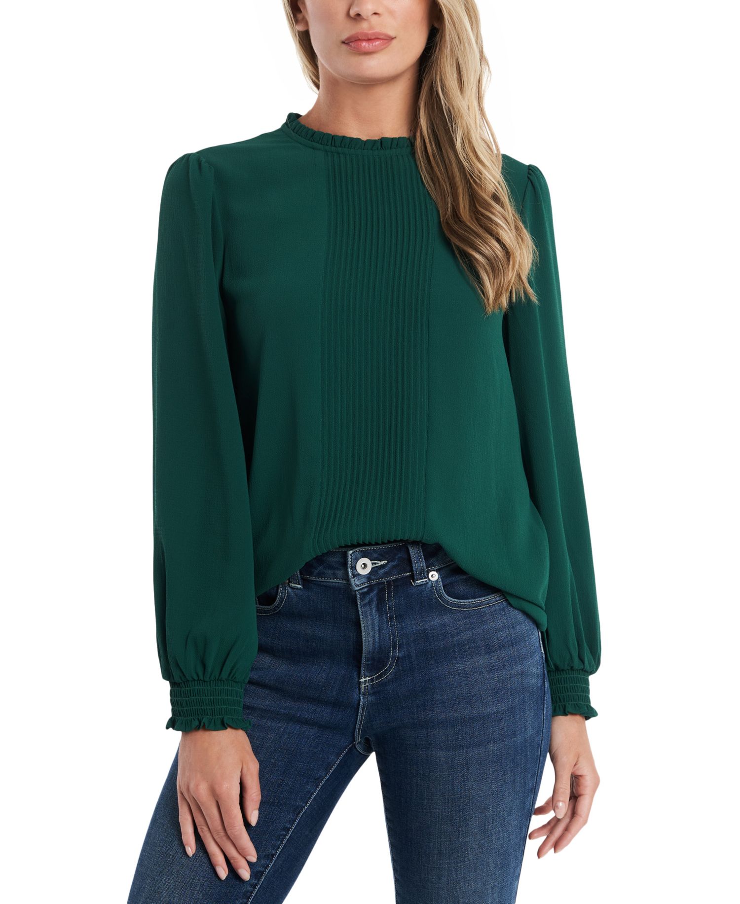 Women's Long Sleeve Smocked Cuff Pin-Tuck Front Blouse