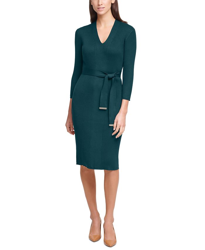 Calvin Klein Ribbed-Knit Belted Sweater Dress - Macy's