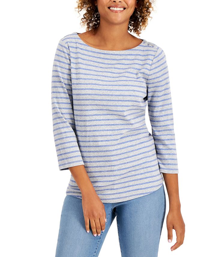 Charter Club Cotton Striped 3/4-Sleeve Top, Created for Macy's - Macy's
