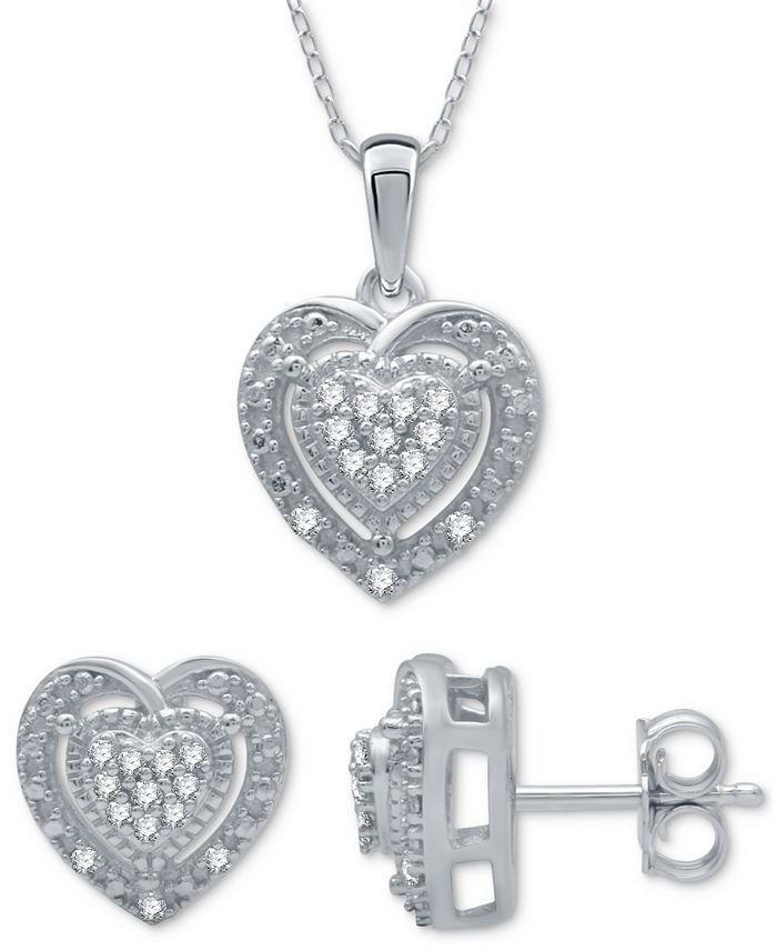Macy's 2-Pc. Set Diamond (1/6 ct. t.w.) Heart Cluster Pendant Necklace ...