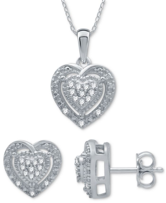 2-Pc. Set Diamond Heart Cluster Pendant Necklace & Matching Stud Earrings