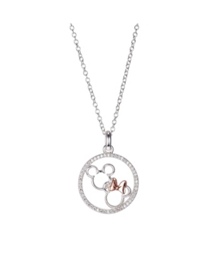 image of Disney Two-Tone Mickey and Minnie Mouse Cubic Zirconia Pendant Necklace in Fine Silver Plate