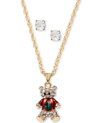 Charter Club - Gold-Tone Crystal Teddy Bear Pendant Necklace & Stud Earrings Set
