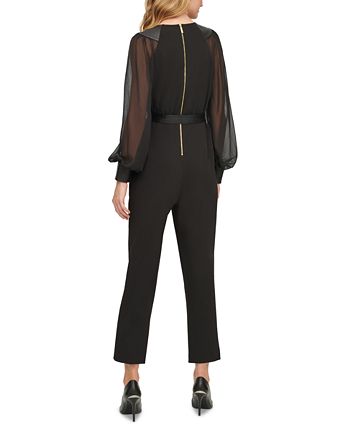Calvin Klein Chiffon-Sleeve Faux-Leather-Trim Cropped Jumpsuit & Reviews -  Pants & Capris - Women - Macy's