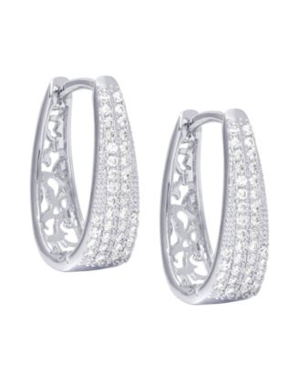Cubic Zirconia Pave Oval Hoop Earrings in Silver Plate