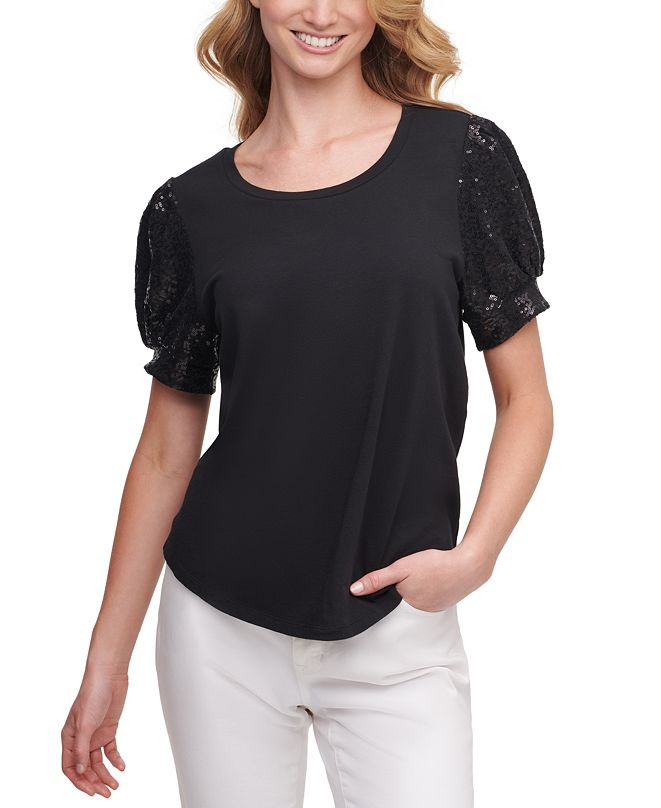 DKNY Sequined Puff-Sleeve Top & Reviews - Tops - Women - Macy's