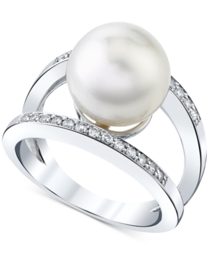 image of Cultured White South Sea Pearl (11mm) & Diamond (1/4 ct. t.w.) Ring in 14k White Gold