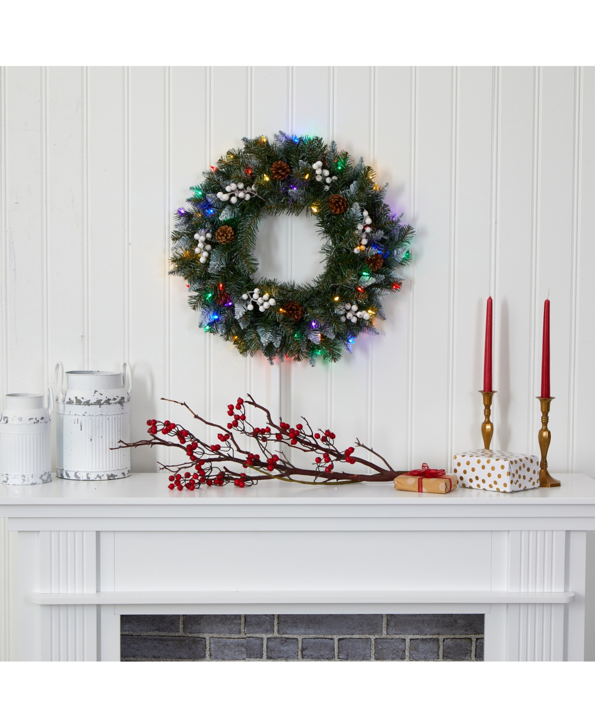 Nearly Natural Snow Tipped Artificial Christmas Wreath with 50 Led Lights, Berries and Pine Cones