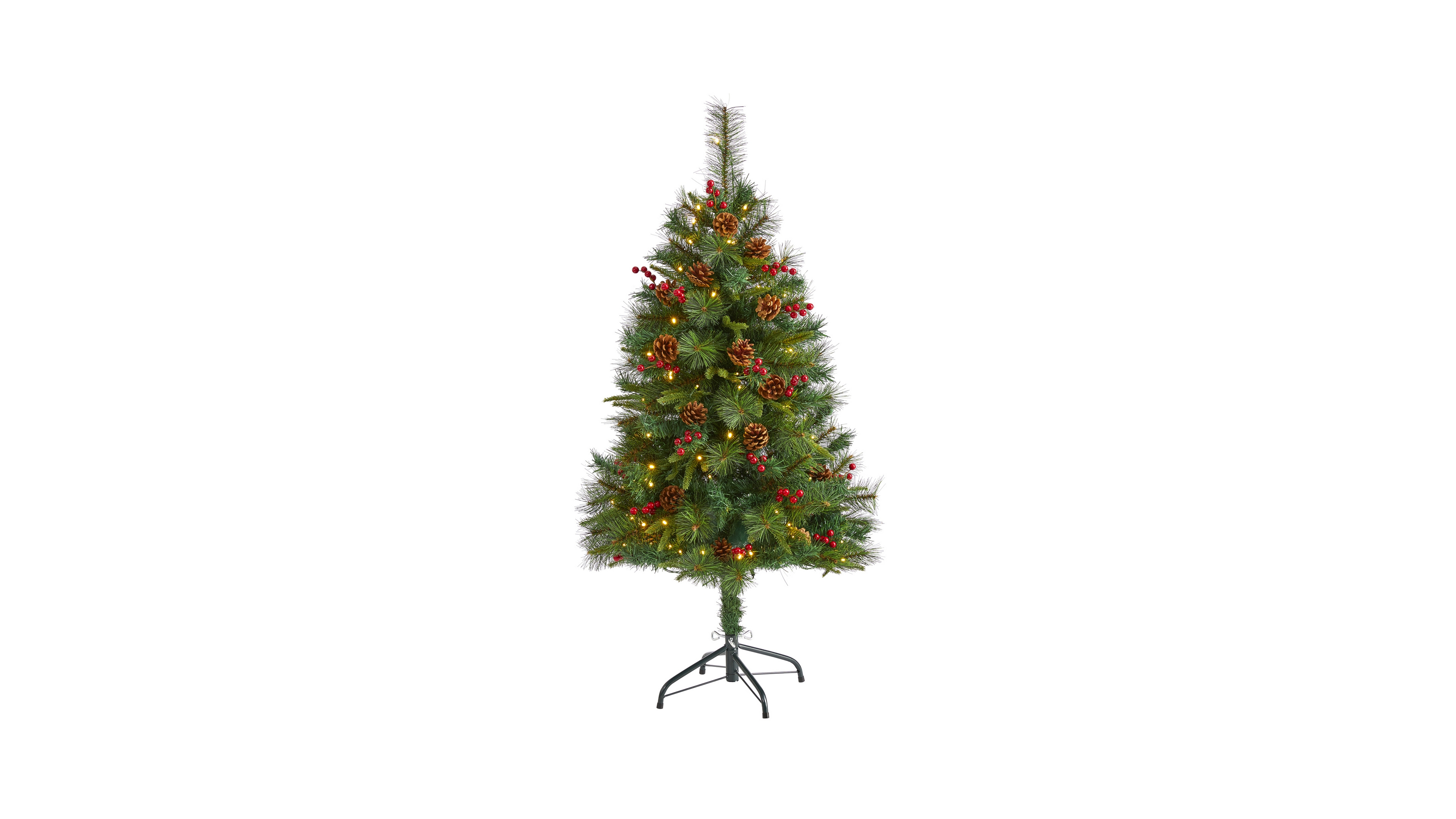 Nearly Natural Mixed Pine Artificial Christmas Tree with 100 Clear Led Lights, Pine Cones and Berries