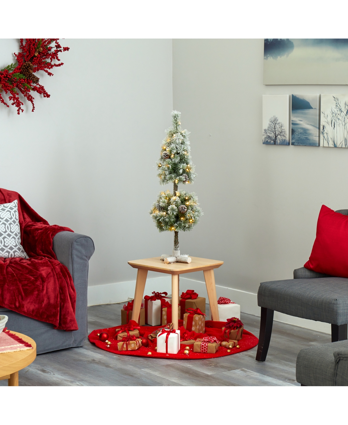 Nearly Natural Flocked Artificial Christmas Tree Topiary with 50 Warm Led Lights and Pine Cones