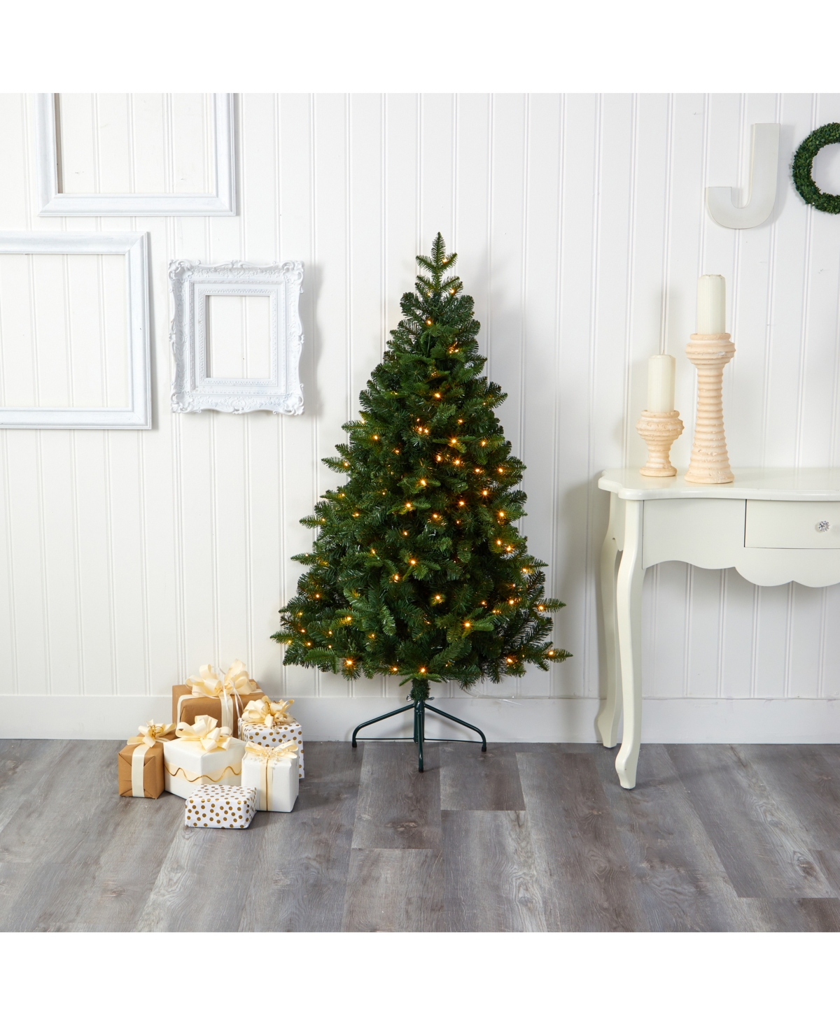 Nearly Natural Grand Teton Spruce Flat Back Artificial Christmas Tree with 120 Clear Led Lights and 514 Bendable Branches