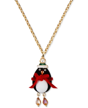 image of Inc Gold-Tone Crystal & Imitation Pearl Penguin Santa Long Pendant Necklace, 32