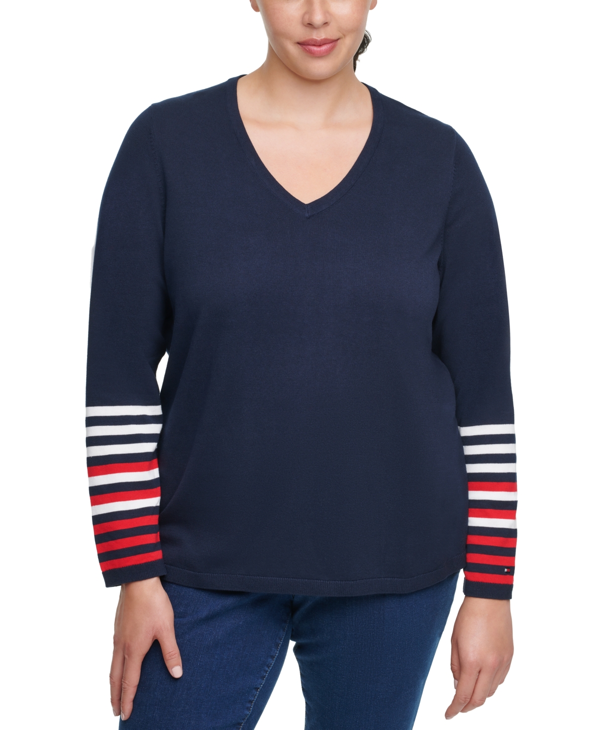 Tommy Hilfiger Plus Size Striped-sleeve Sweater In Sky Captain Multi