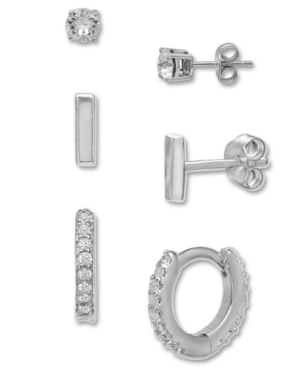 image of Giani Bernini 3-Pc. Set Cubic Zirconia Stud & Hoop Earrings in Sterling Silver, Created for Macy-s