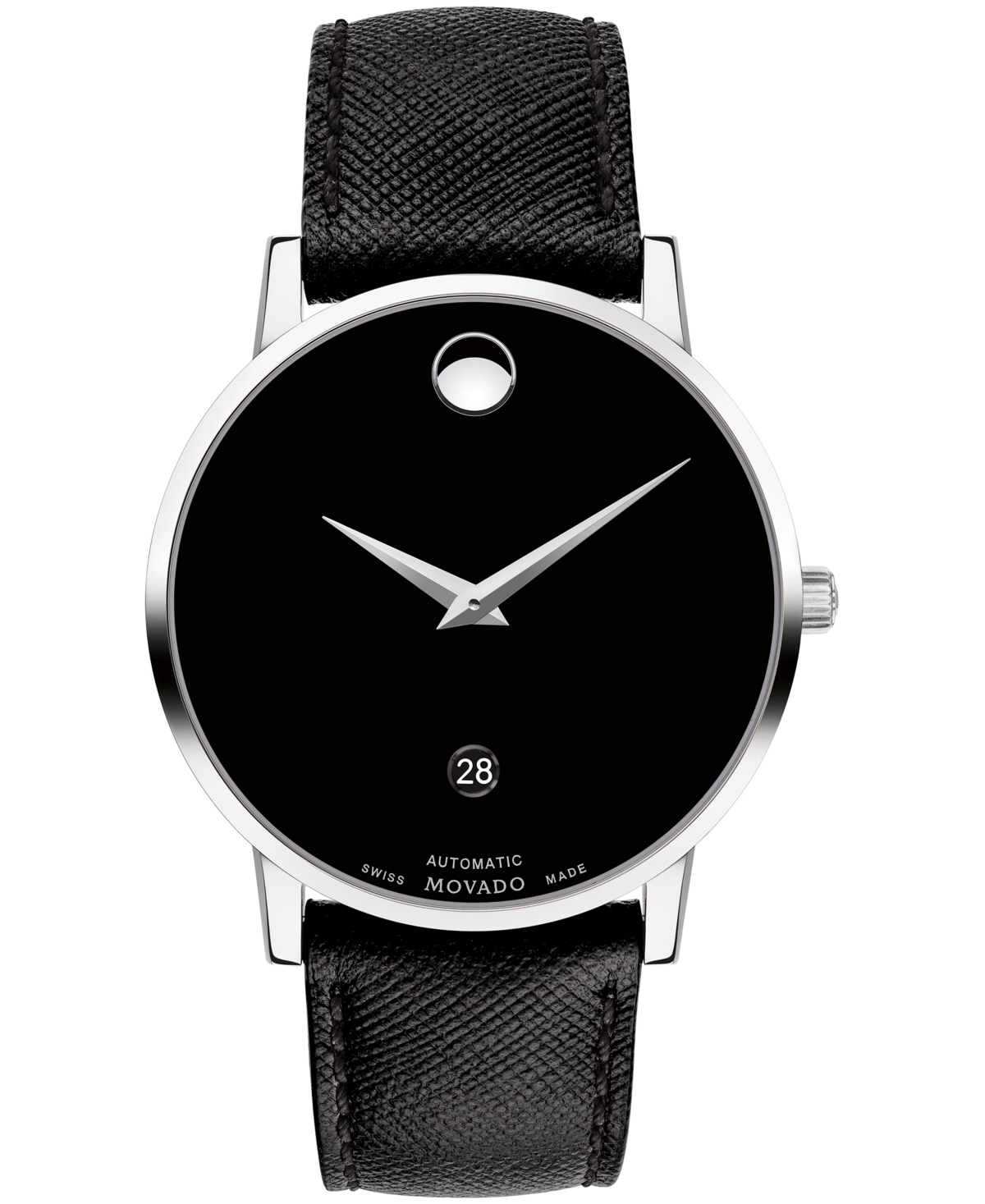 Movado Men's Swiss Automatic Museum Black Calfskin Leather Strap Watch 40mm In Silver