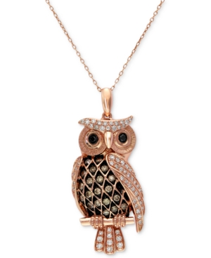image of Confetti by Effy White and Brown Diamond Owl Pendant Necklace (1/2 ct. t.w.) in 14k Rose Gold