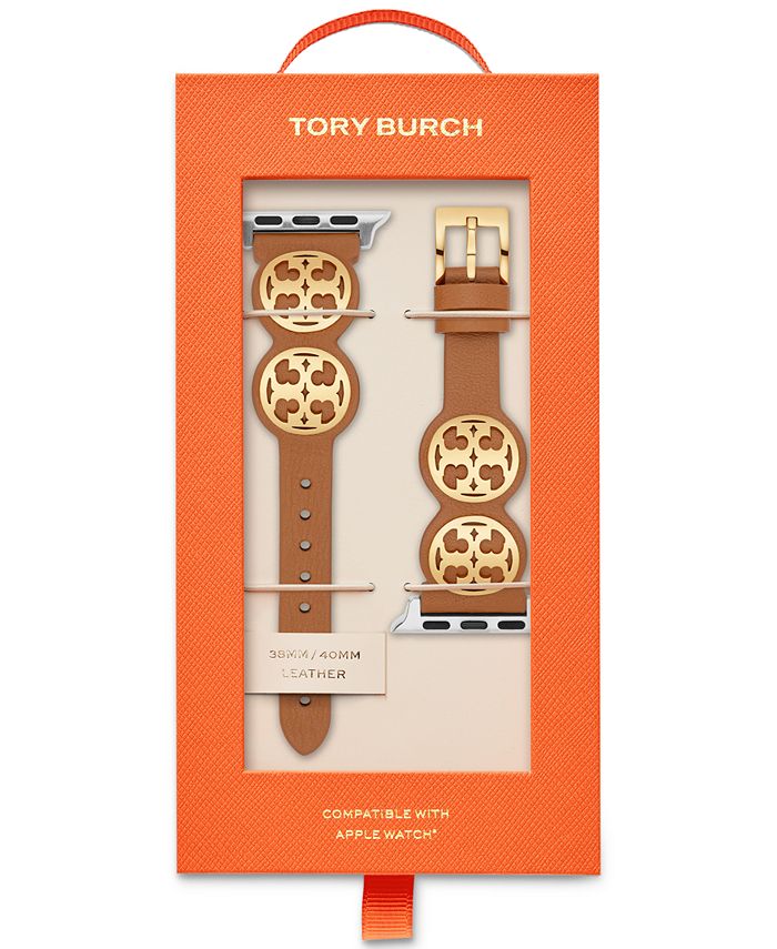 Tory Burch Miller Logo Studded Brown Leather Strap For Apple Watch