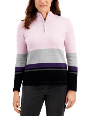 Karen Scott Petite Striped Zip-Up Sweater, Created for Macy's - Macy's