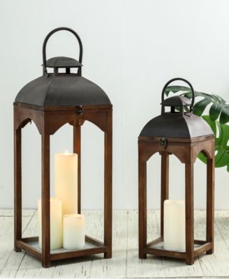 Set of 2 Whiskey Brown Farmhouse Modern Wood/Metal Lanterns