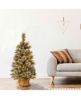National Tree Company 3' Glittery Bristle Pine Burlap Tree with 7 White Tipped Cones & 35 Warm White Battery Operated LED Lights w/Timer