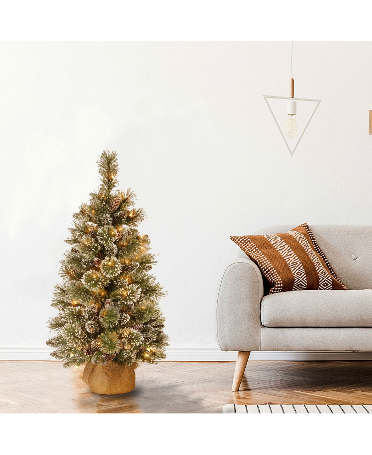 National Tree Company Glittery Bristle Pine Burlap Tree with 7 White Tipped Cones & 35 Warm White Battery Operated Led Lights w/Timer