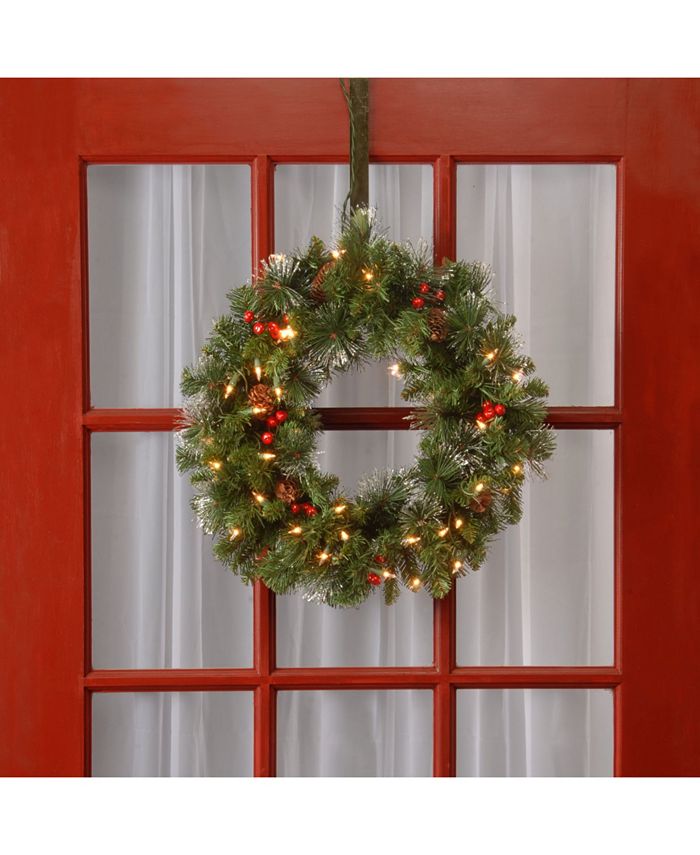 National Tree Company - 20" Crestwood Spruce Wreath with Silver Bristle, Cones, Red Berries and Glitter with 35 Clear Lights