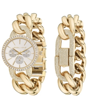 image of Women-s Kendall + Kylie Large Open-Link Crystal Embellished Gold Tone Stainless Steel Strap Analog Watch and Bracelet Set 40mm