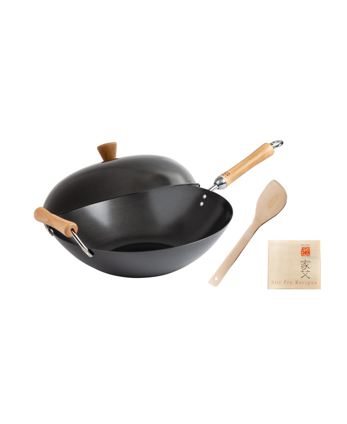 Honey Can Do Joyce Chen Classic Series Carbon Steel Nonstick 4-Pc. Wok Set with Lid and Birch Handles