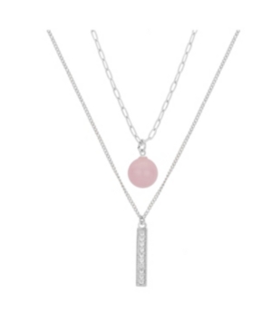 image of Fine Silver Plated Cubic Zirconia Bar and Genuine Rose Quartz Bead Layer Necklace, 16