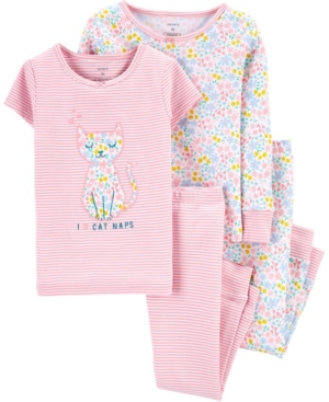 image of Carter-s Baby Girl 4-Piece Floral Cat Snug Fit Cotton PJs