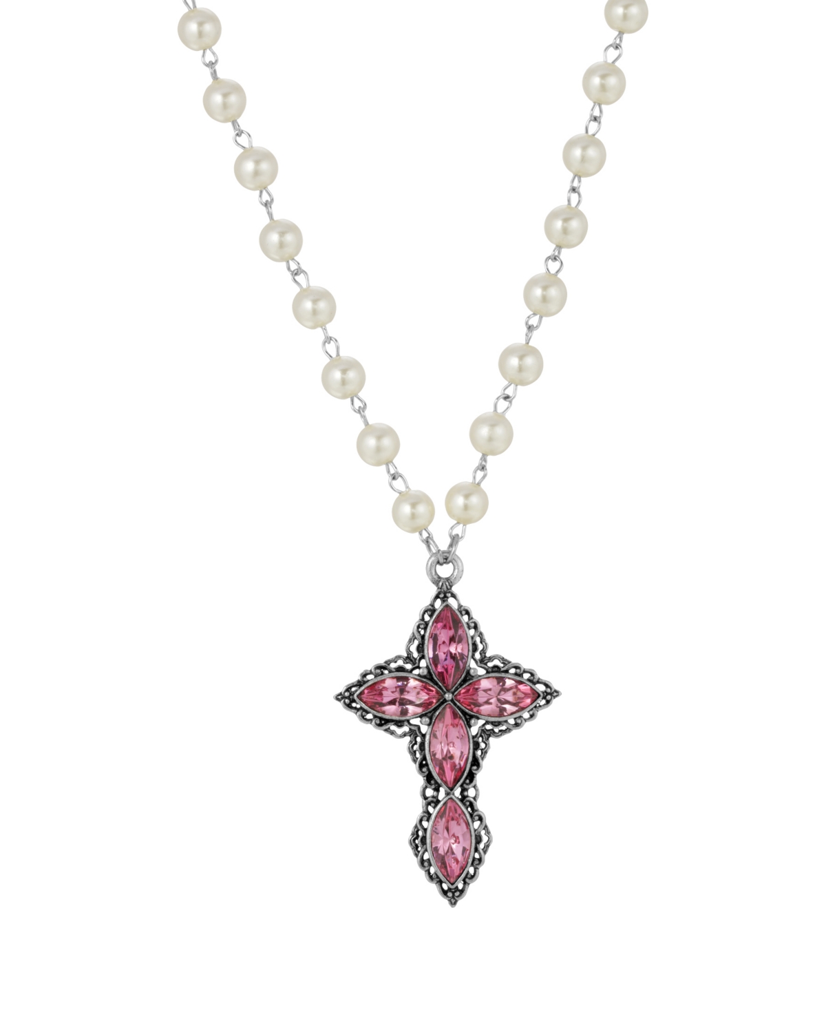 2028 Women's Pewter Pink Crystal Diamond Shaped Stones Cross Imitation Pearl Necklace
