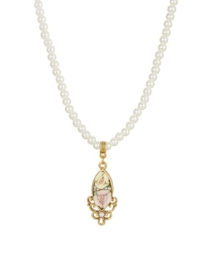 image of 2028 Women-s Gold Tone Pink and Yellow Porcelain Rose Imitation Pearl Drop Necklace