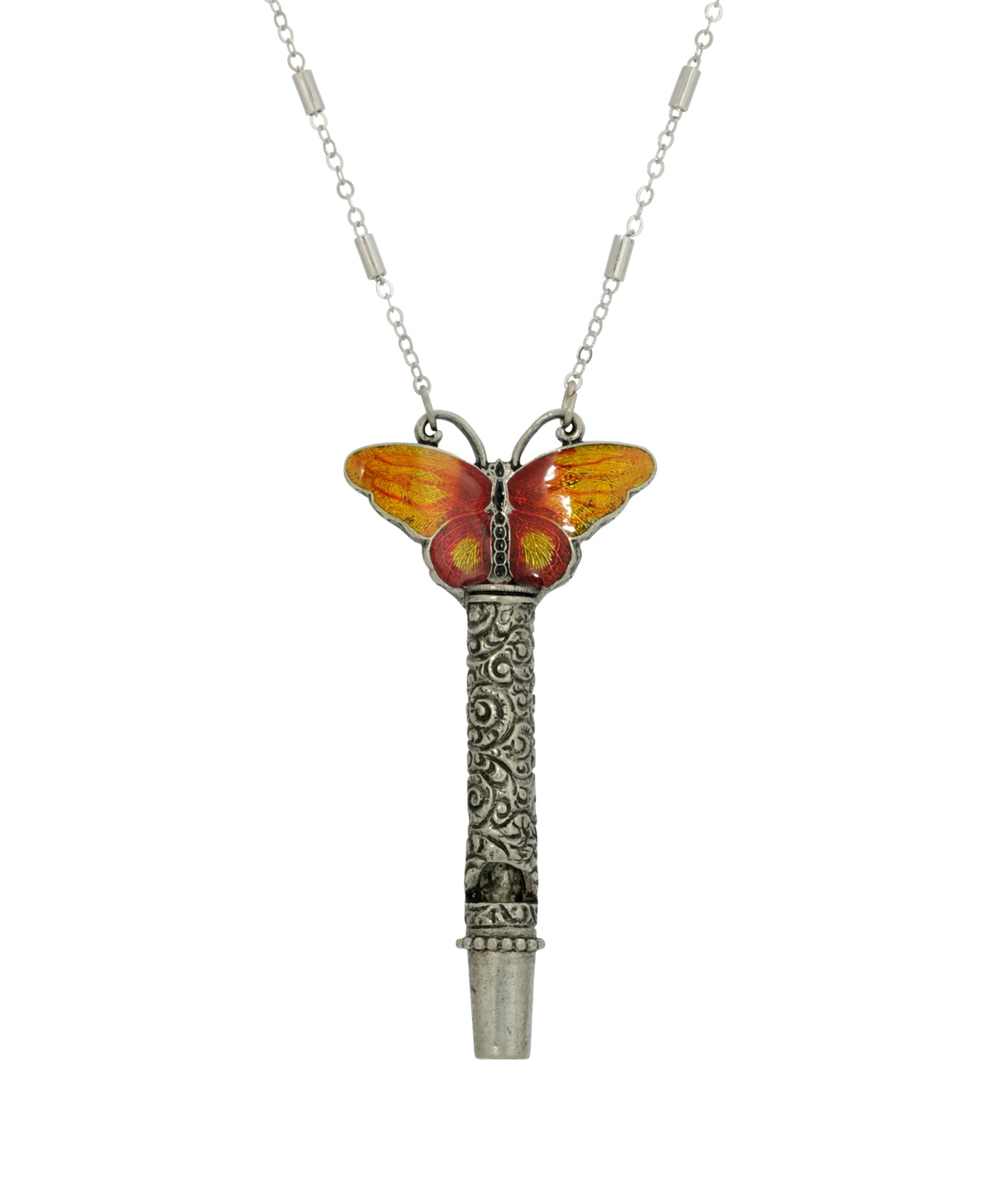 2028 Women's Pewter Whistle With Orange Yellow Enamel Butterfly Necklace