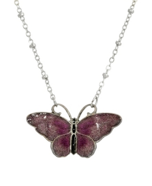 image of 2028 Women-s Silver Tone Purple and Black Enamel Butterfly Necklace