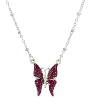 image of 2028 Women-s Silver Tone Purple Enamel and Crystal Accent Butterfly Necklace
