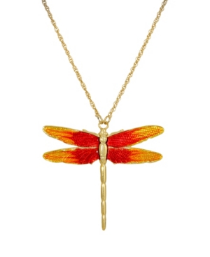 image of 2028 Women-s Gold Tone Orange Enamel Dragonfly Pendant Necklace