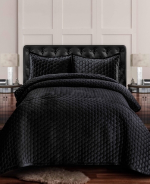 Tribeca Living Lugano Honeycomb Velvet Oversized Solid 3 Piece Quilt Set, King In Medium Gray