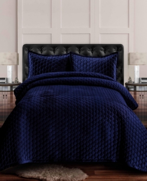 Shop Tribeca Living Lugano Honeycomb Velvet Oversized Solid 3 Piece Quilt Set, King In Navy