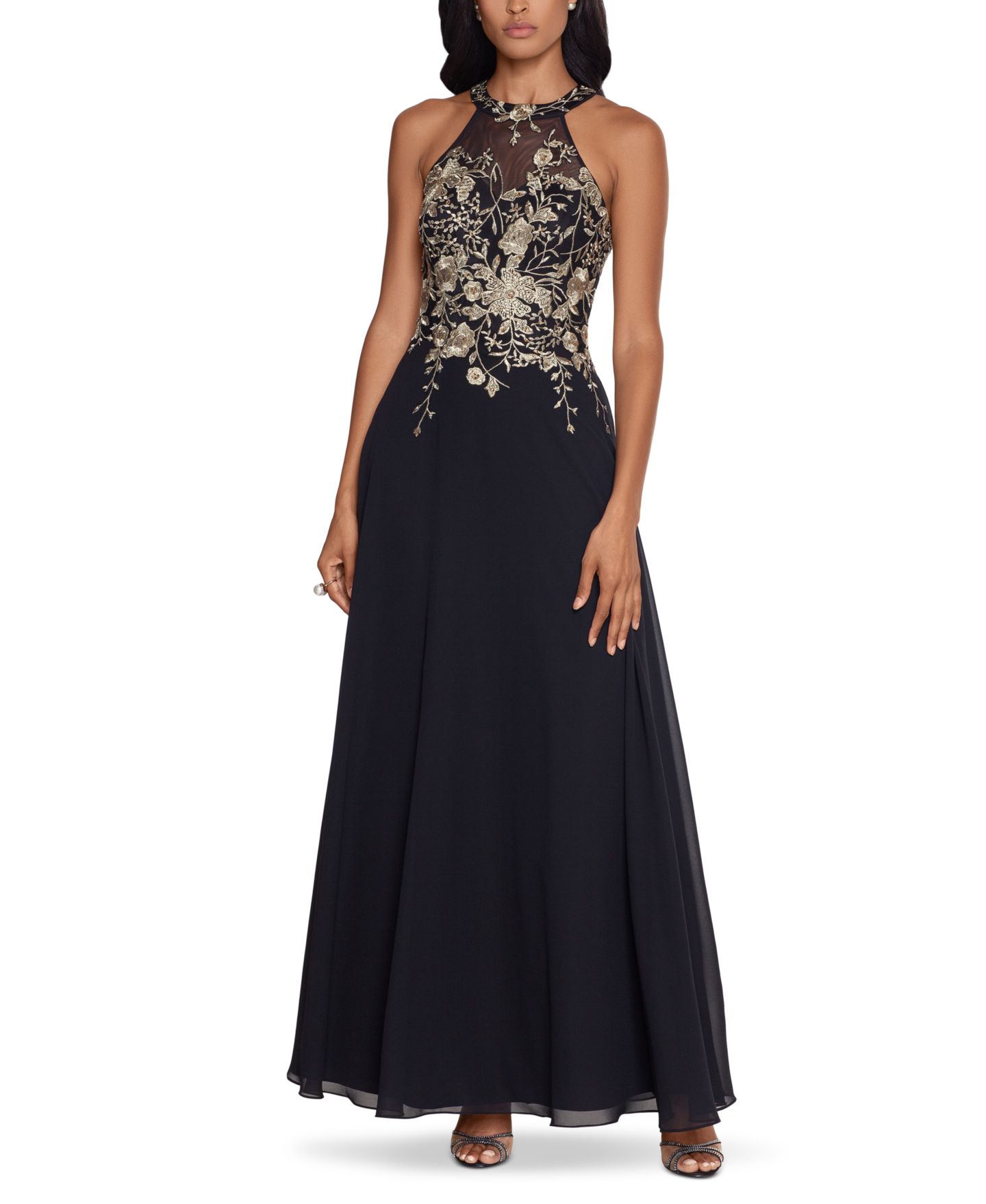 Женские платья Betsy & Adam Embellished Chiffon Illusion Gown, цвет: Чёрный золотой с принтом — фото 1